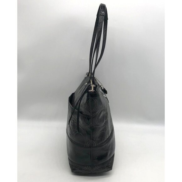 Coach Stripe Stitched Black Patent Leather Tote F19198 - Picture 3 of 11